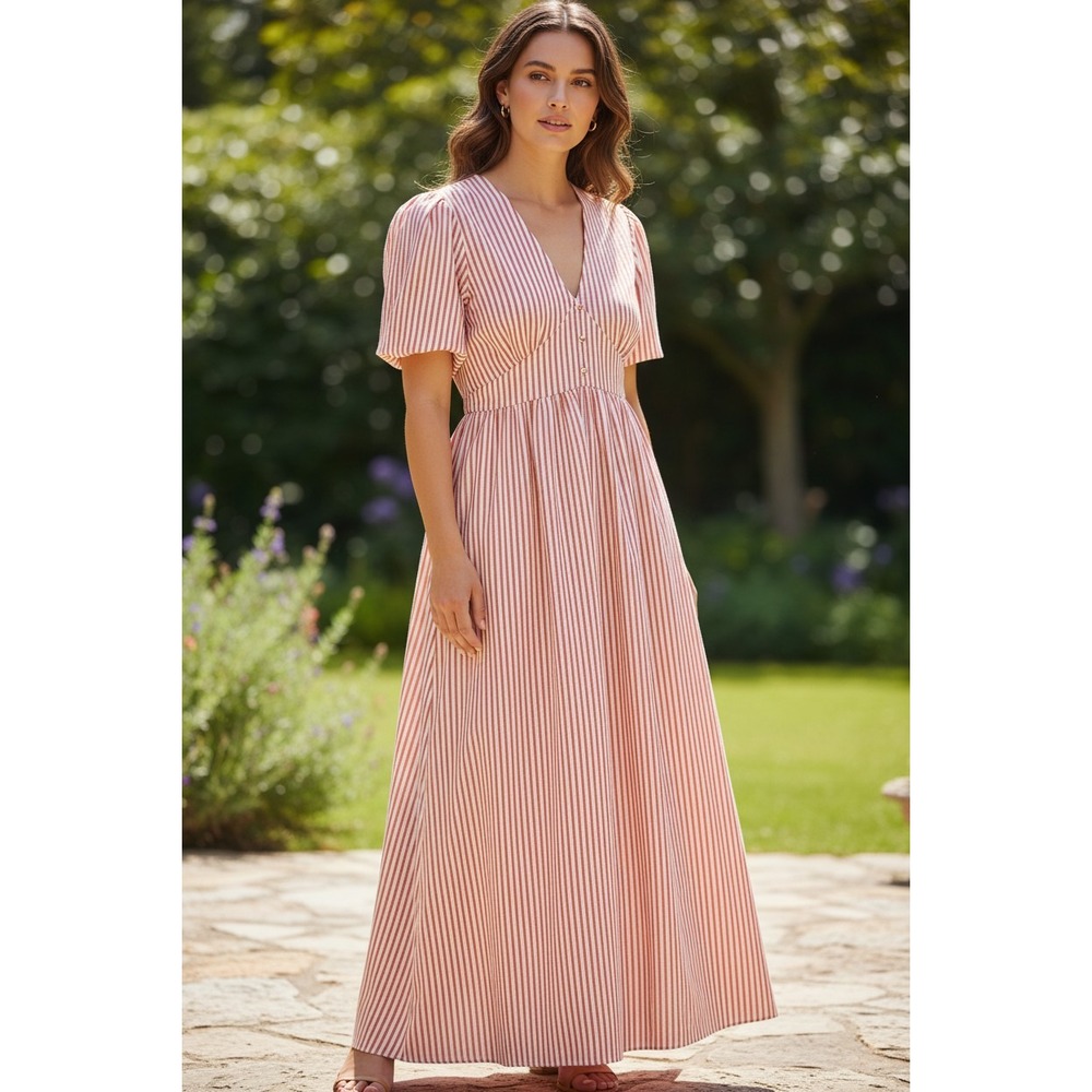 Primark Women Red Cream Striped V-Neck Puff Sleeve Maxi Dress Size 10 NEW‎